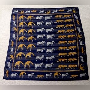 Symphony Navy Silk Scarf with Gold and White Animal Motif